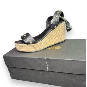 Maje Studded Leather Espadrille Wedges Black Ankle Strap NIB France Size 38/8